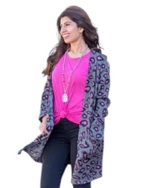 Grace & Emma Pink Panther Cardigan Pockets Gray & Pink Animal Print XL-2X
